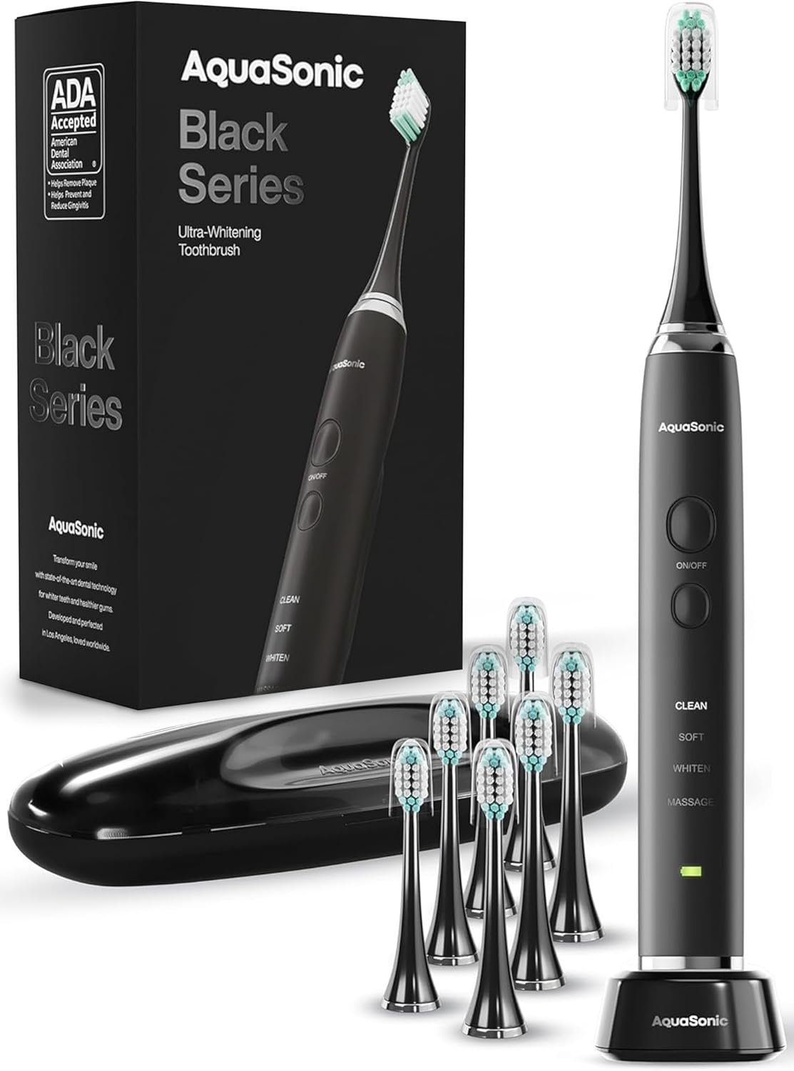 Aquasonic Black Series Ultra Whitening Toothbrush – ADA Accepted Electric Toothbrush- 8 Brush Heads & Travel Case –
