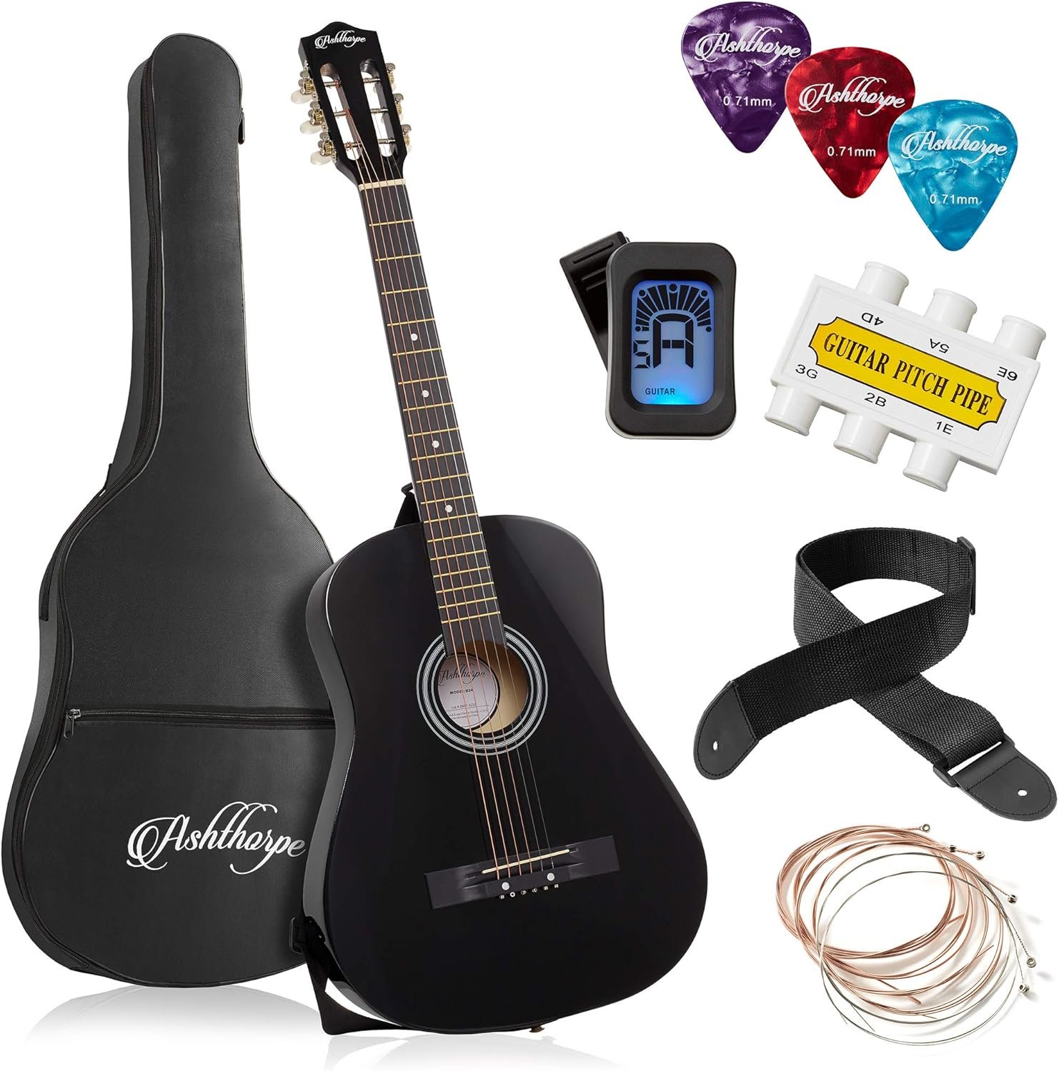 Ashthorpe 38-inch Beginner Acoustic Guitar Package (Black)
