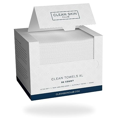 Clean Skin Club Clean Towels XL®, 100% USDA Biobased Face Towel, Disposable Face Towelette, Eczema Association Accepted, Makeup Remover Dry Wipes, Ultra Soft, 1 Pack, 50 Ct