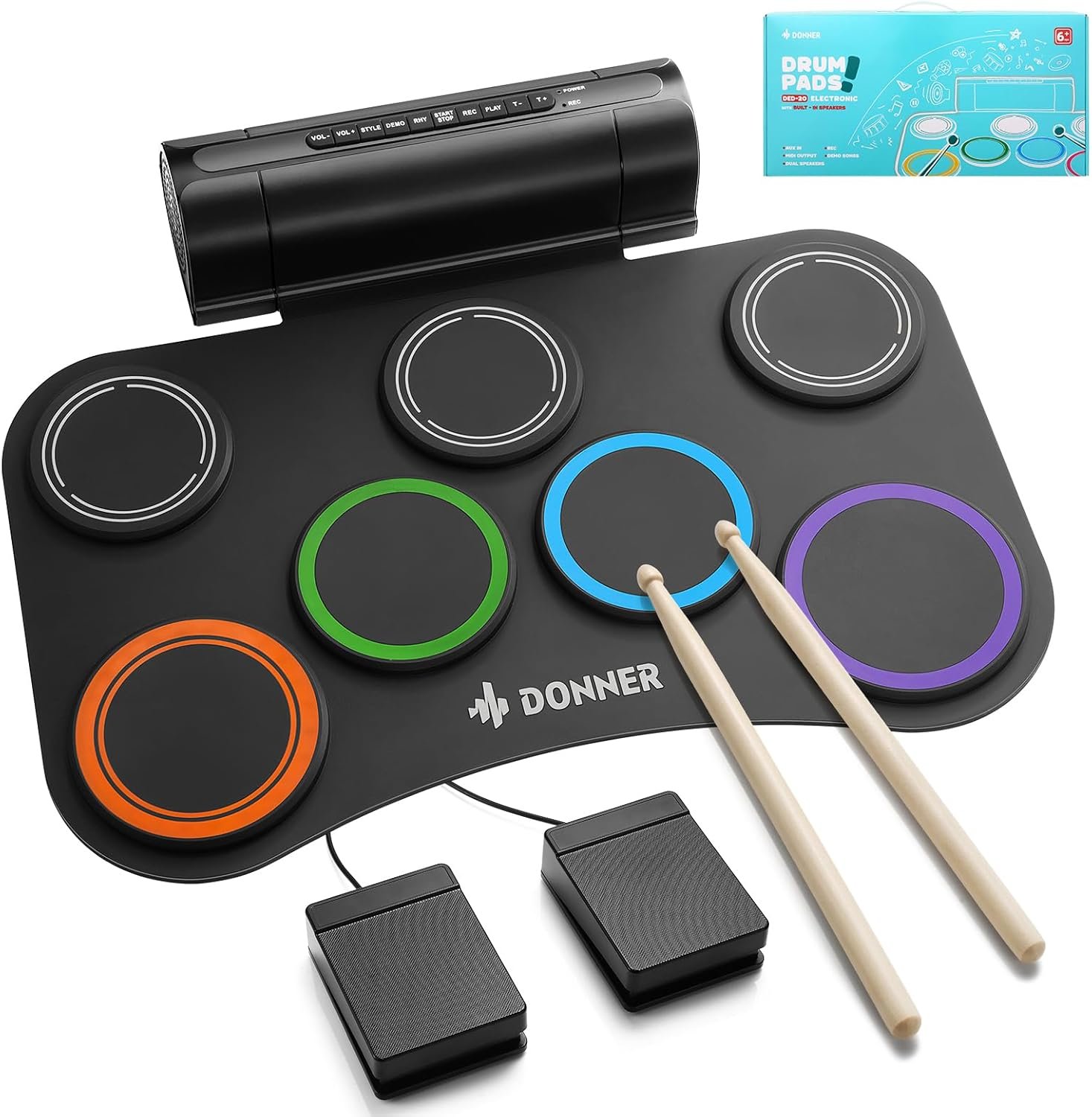 Donner Electronic Drum Set, 7 Pads Electric Drum Pad Roll Up Quiet Drum Pad Built-in Speaker