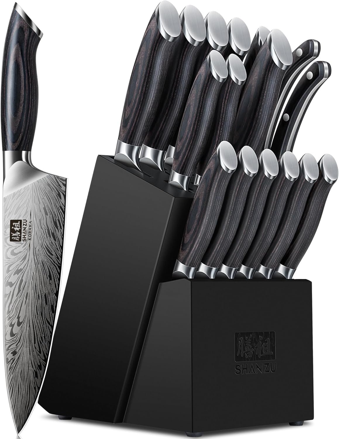 SHAN ZU 16 Pieces Knife Set, Knife Block Set in Powder Steel